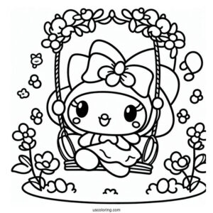 My Melody Coloring Page On A Swing With Risu
