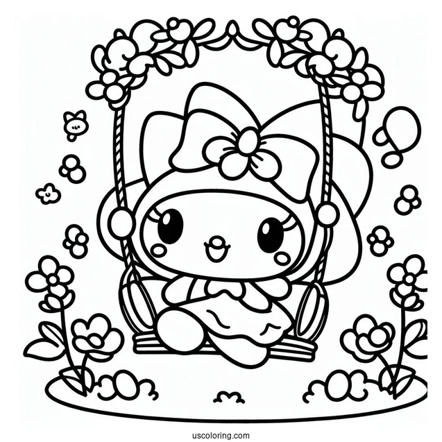 My Melody Coloring Page On A Swing With Risu