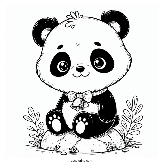 Adorable Panda Coloring Page With Bell Collar Sitting on a Rock For Kids
