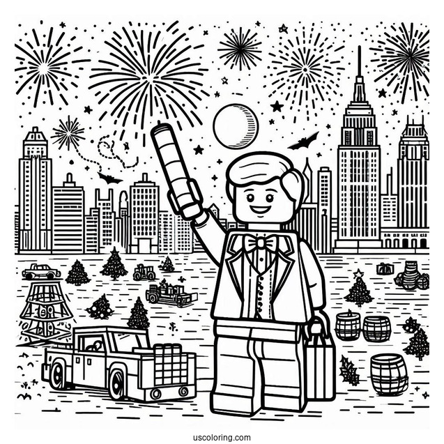 New Year Coloring Page Of Lego Gentleman With City And Fireworks Behind Him For Kids