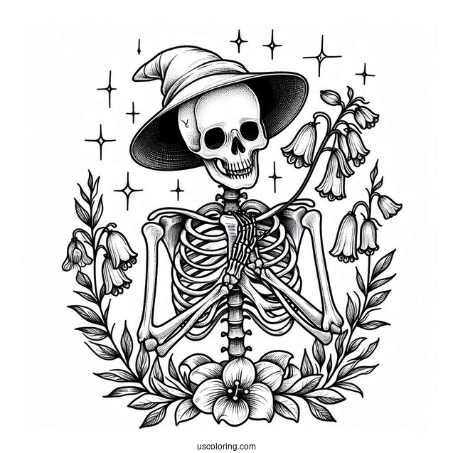 Skeleton Coloring Page Holding Up Bluebells