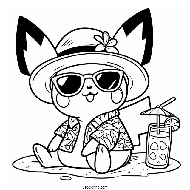 Pichu Coloring Page In Sunglasses And Hawaiian Shirt At The Beach