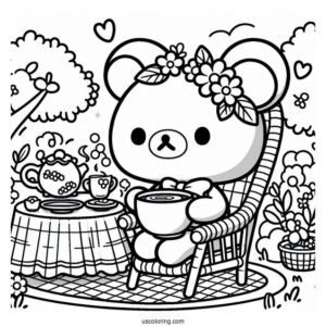 Rilakkuma Coloring Page Of Easy Chairoikoguma Having Tea In The Garden For Preschoolers