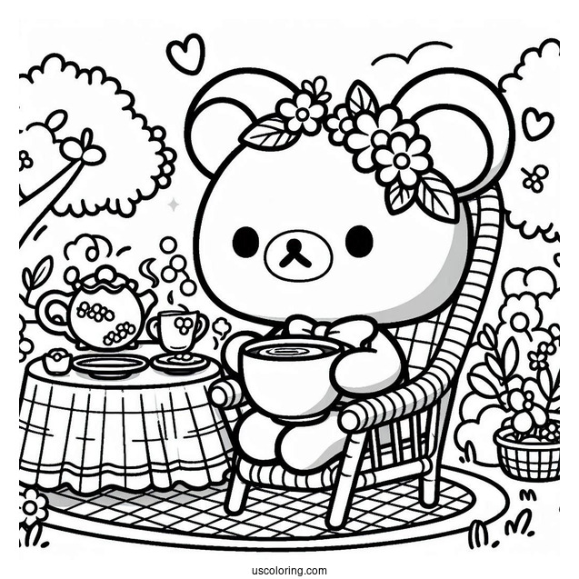 Rilakkuma Coloring Page Of Easy Chairoikoguma Having Tea In The Garden For Preschoolers