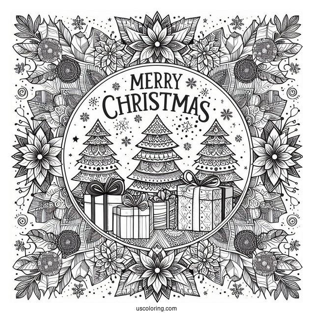 Christmas Mandala Coloring Page Of Have A Merry Little Christmas Mandala With Trees, Presents, And Poinsettias