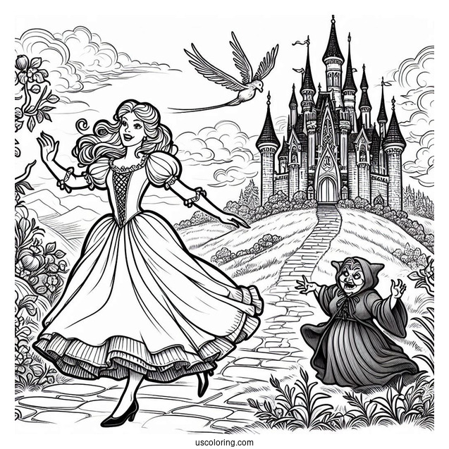 Wicked Stepsister Running Away From The Castle Coloring Sheet