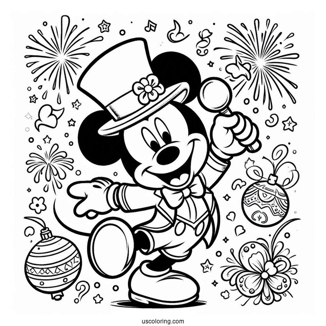 Mickey Mouse Dancing Under Happy New Years Eve Coloring Page For Kids