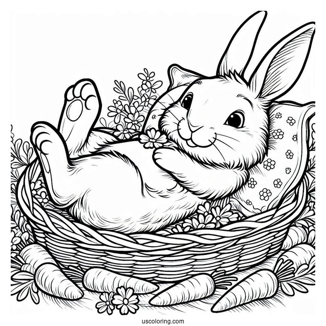 Peter Rabbit Coloring Page Lying On A Bed Of Carrots