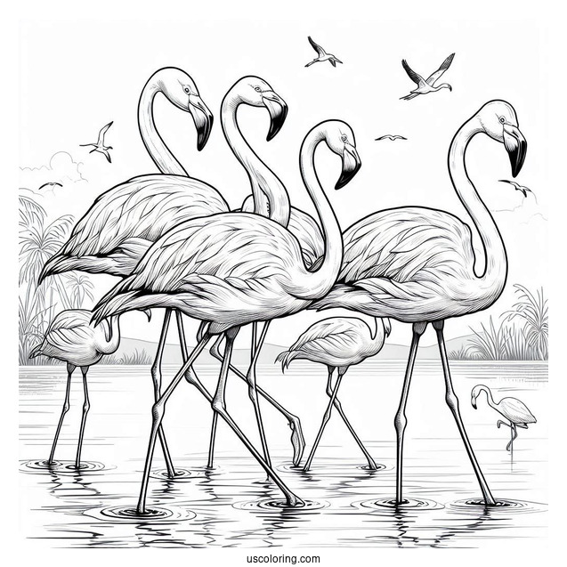 Flock Of Flamingos Walking In Water