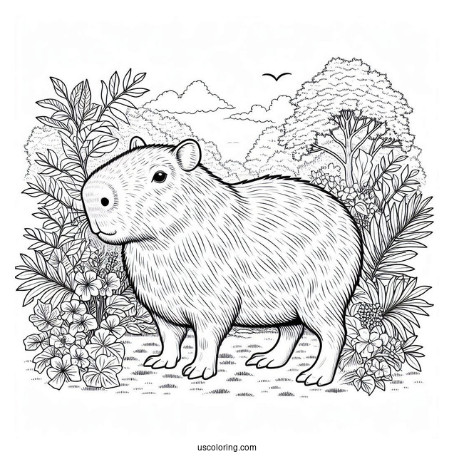 Large Capybara Coloring Page In The Garden