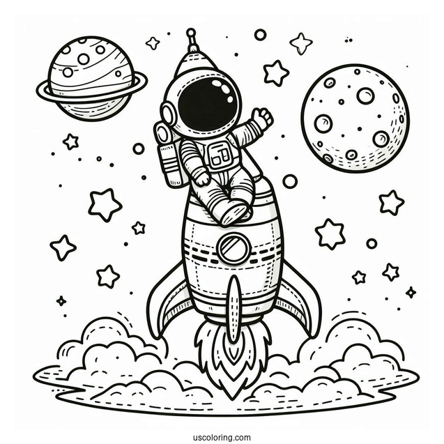 Rocket On The Moon With Astronaut Coloring Page For Kids