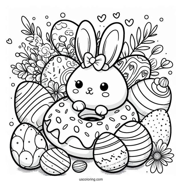 Easter Bunny Donut Coloring Page Surrounded By Eggs