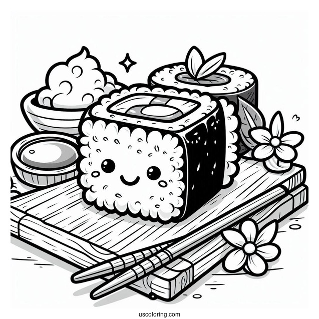 Sushi Coloring Pages Smiling Maki On A Board For Kids