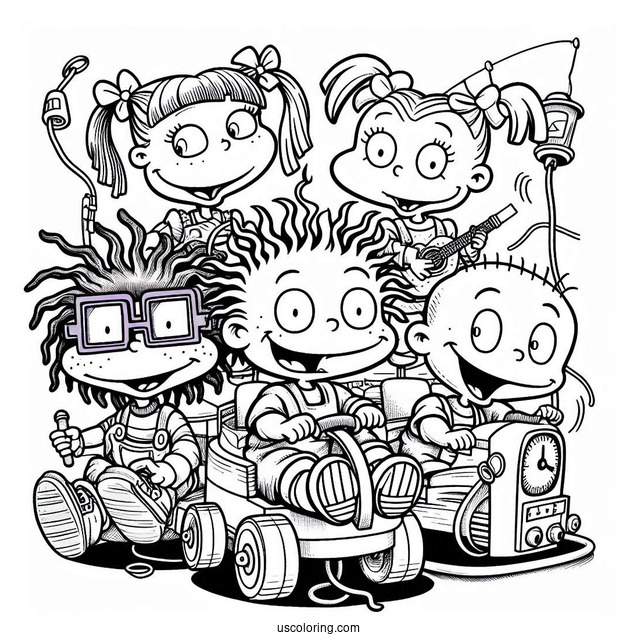 Nickelodeon Coloring Page Of Rugrats Chuckie, Angelica, Lillian And Tommy Riding Machine