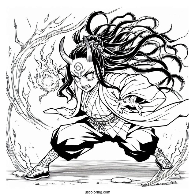 Nezuko Coloring Page Fighting In Demon Form