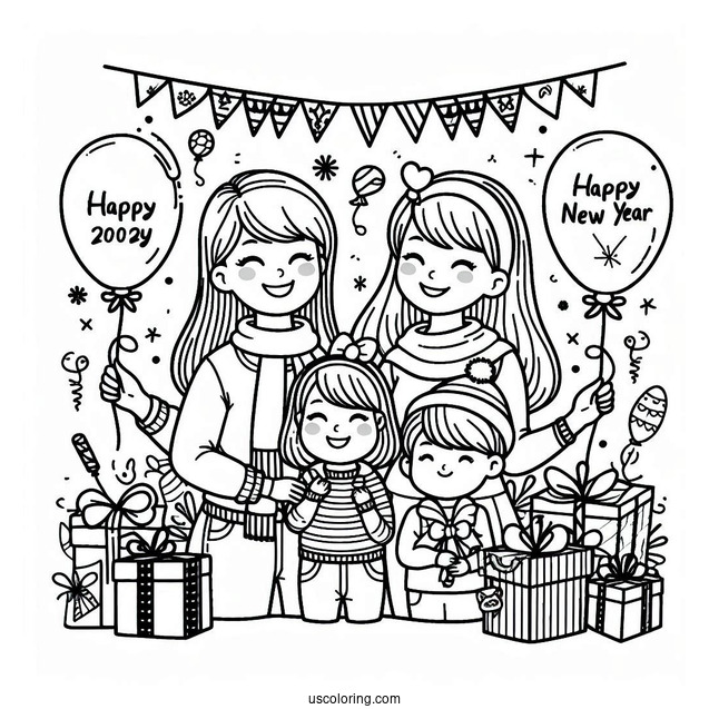 Family Celebrating The New Year Coloring Page With Banners And Balloons For Kids