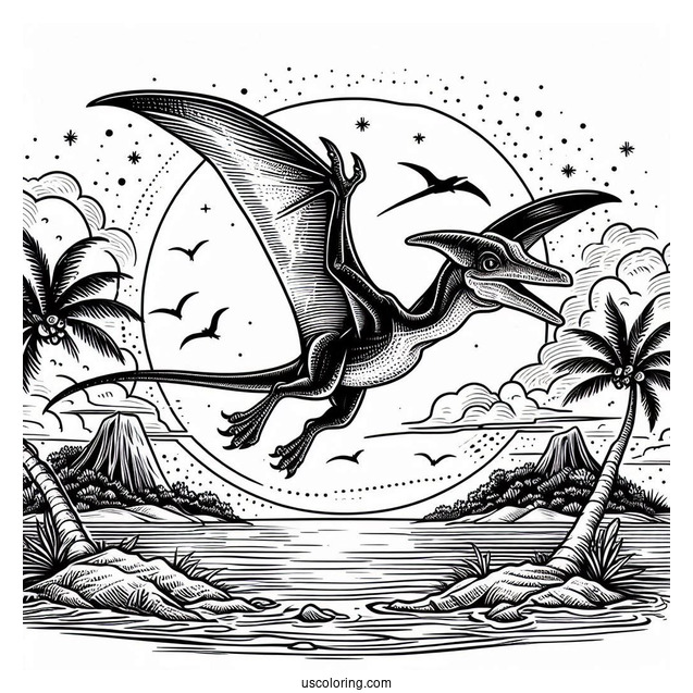 Detailed Pterodactyl Coloring Page Flying Over Island