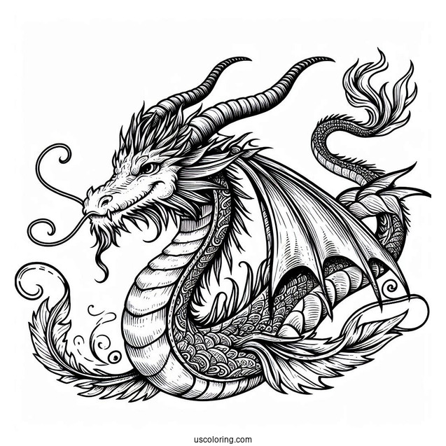 Detailed Dragon With Long Whiskers And Big Horns Coloring Page