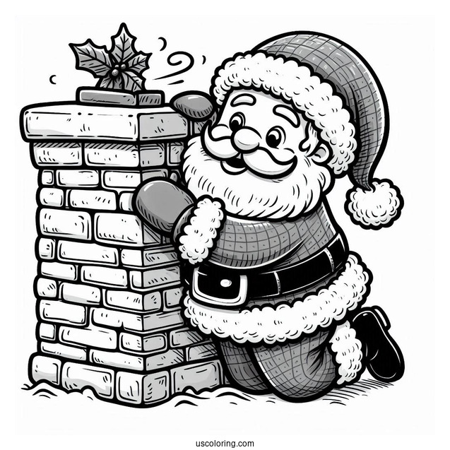 Santa Claus Squeezing Into Brick Chimney To Color