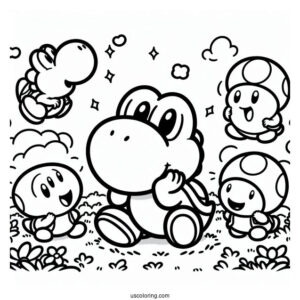 Yoshi And Shy Guy Coloring Page With Toads In The Background