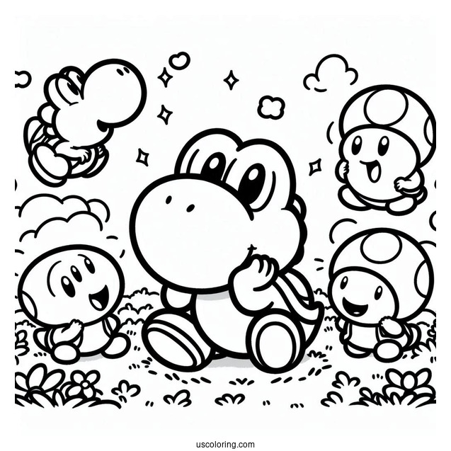 Yoshi And Shy Guy Coloring Page With Toads In The Background