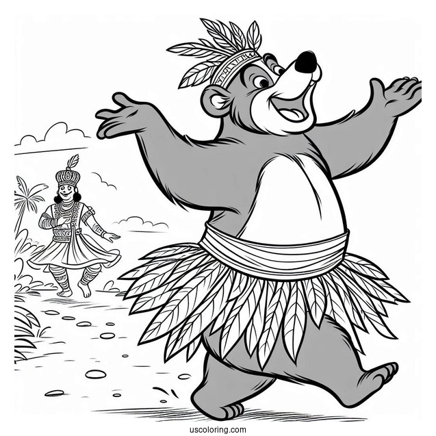 Jungle Book Coloring Page Of Baloo In Leaf Skirt Dancing With King Louie