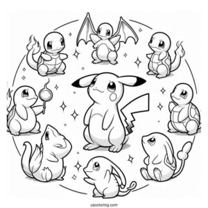Pikachu, Charmander, Bulbasaur, Squirtle, And Mew Coloring Page In A Circle