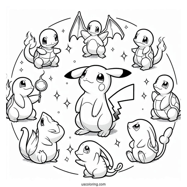 Pikachu, Charmander, Bulbasaur, Squirtle, And Mew Coloring Page In A Circle