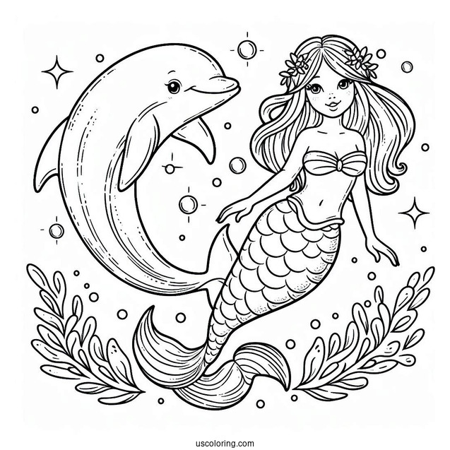 Dolphin And Mermaid Coloring Page For Kids