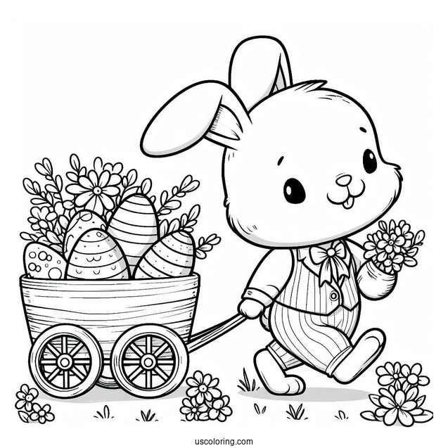 Easter Bunny Coloring Page Pulling A Cart Of Easter Eggs