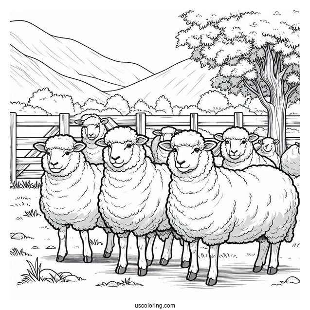 Flock Of Sheep Standing In Paddock Coloring