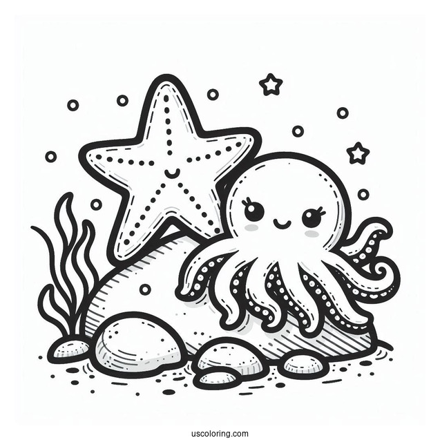 Cute Starfish Coloring Page On Rock Beside Octopus For Preschoolers