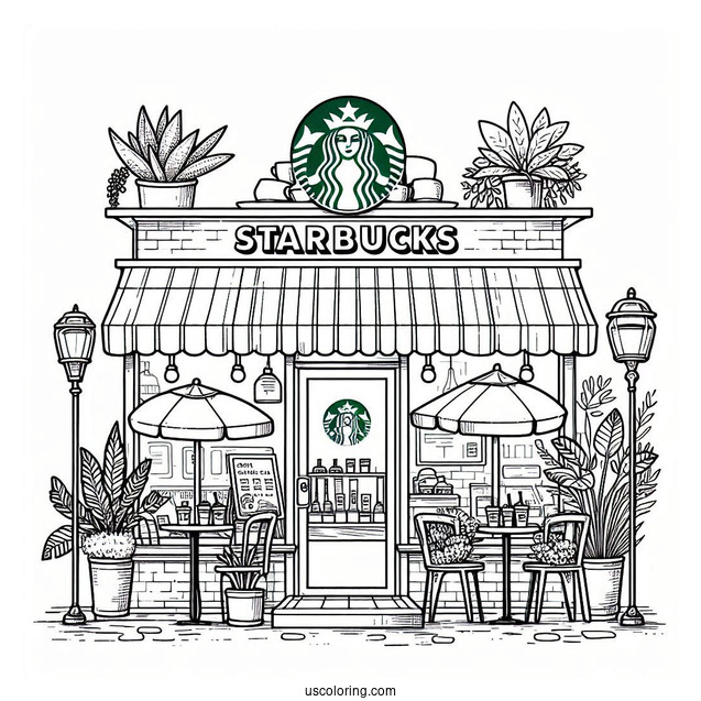 Starbucks Coloring Page Of Cafe With Potted Plants