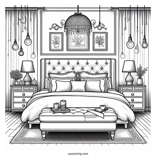 Classy Bedroom Coloring Page With Ottoman, Paintings, And Hanging Lights