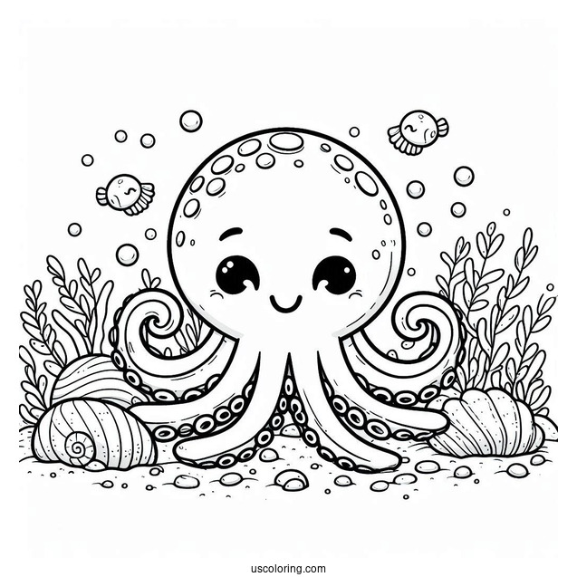 Grinning Cartoon Octopus Coloring Page In The Sea With Shells