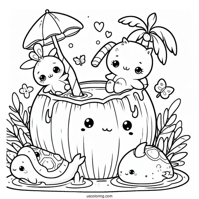 Kawaii Animals Swimming In A Coconut Coloring Page Drink