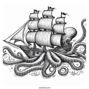 Giant Kraken Octopus Coloring Page Capturing Ship