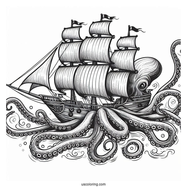Giant Kraken Octopus Coloring Page Capturing Ship