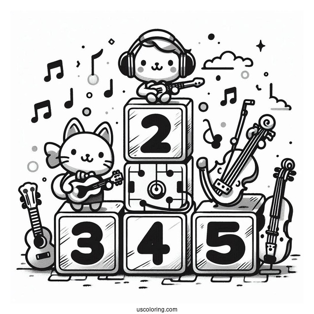 Numberblocks Coloring Page1, 2,3,4,5 Playing Musical Instruments
