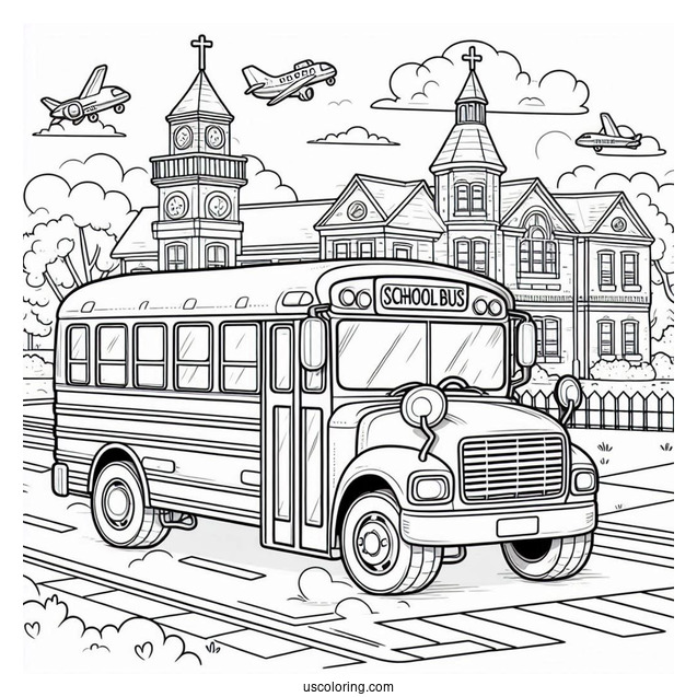 School Bus Driving Past Elementary School