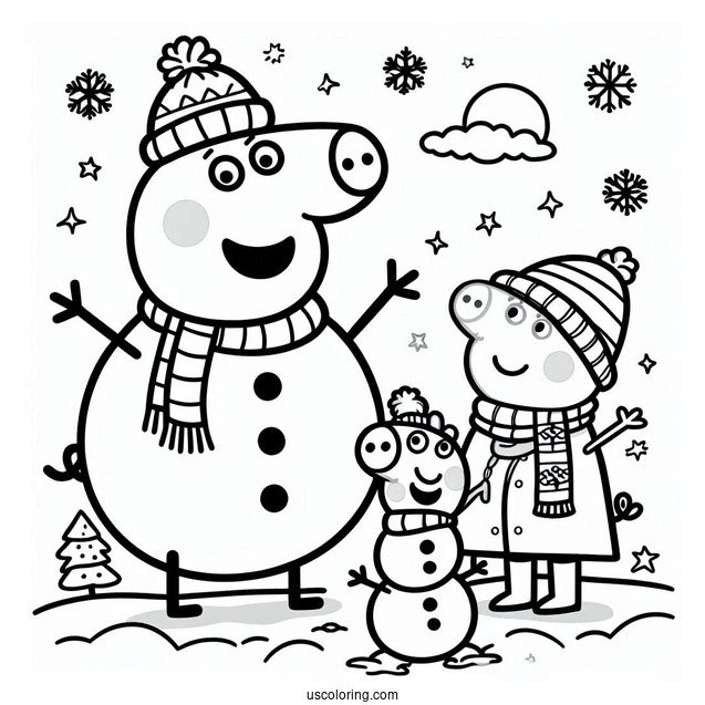 Peppa And George With Snowman Coloring Sheet