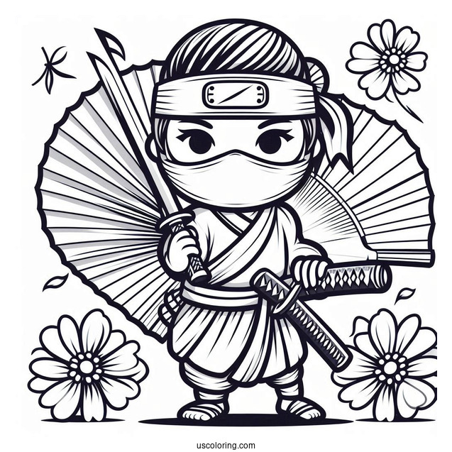 Ninja Holding A Sword And A Fan Coloring Page