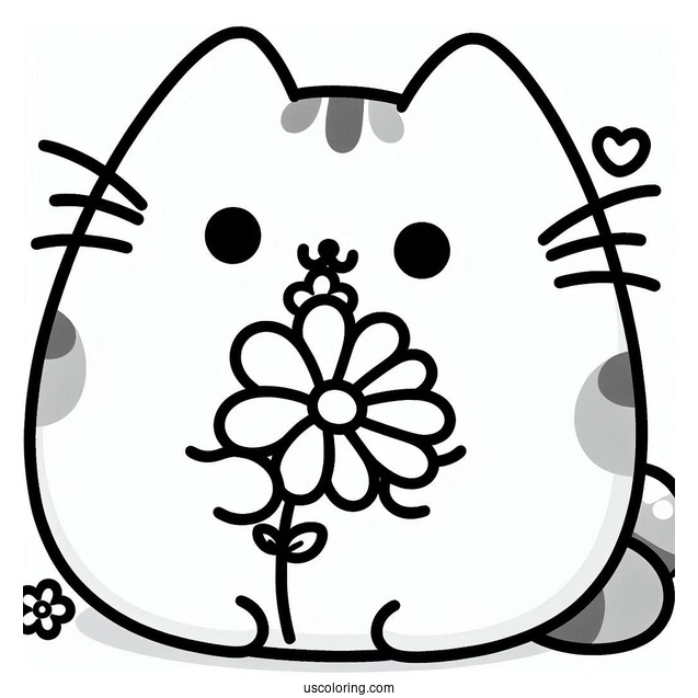 Pusheen Cat Nibbling On a Flower To Color