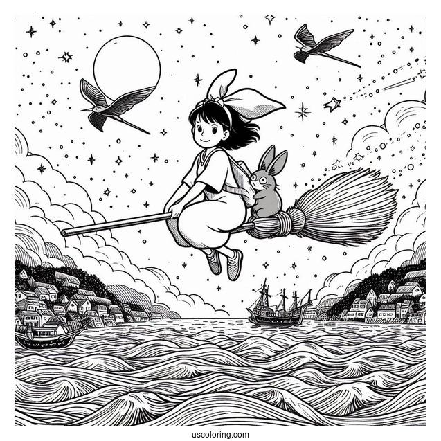 Studio Ghibli Coloring Page of Kiki s Delivery Service Riding Broom With Jiji Over Ocean