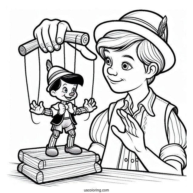 Geppetto Controlling Puppet Pinocchio Coloring Page