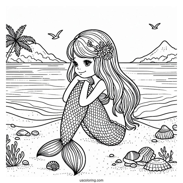Mermaid Sitting On The Beach Coloring Sheet For Kids