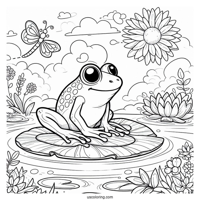 Frog On Lily Pad In Spring Coloring Page