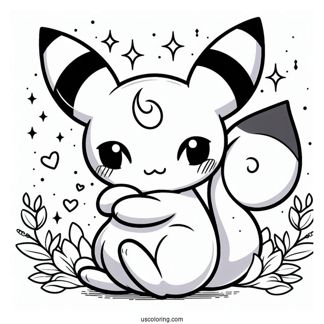 Kawaii Umbreon Hugging Mew Coloring Page For Kids