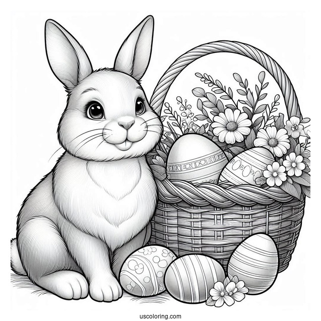 Easter Coloring Page Of Realistic Bunny Next To Basket Of Easter Eggs