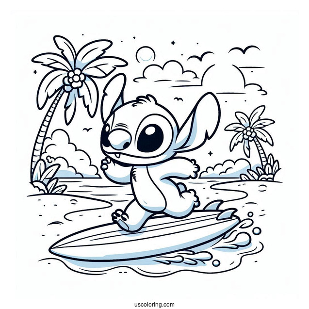 Stitch Running On The Beach With A Surfboard Coloring Sheet